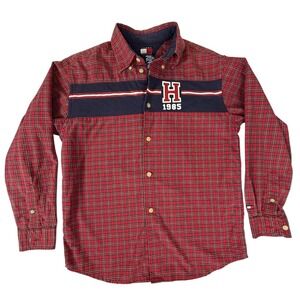 Vintage Tommy Hilfiger Button Down Shirt Kids 10/12 Red Excellent Plaid Graphic
